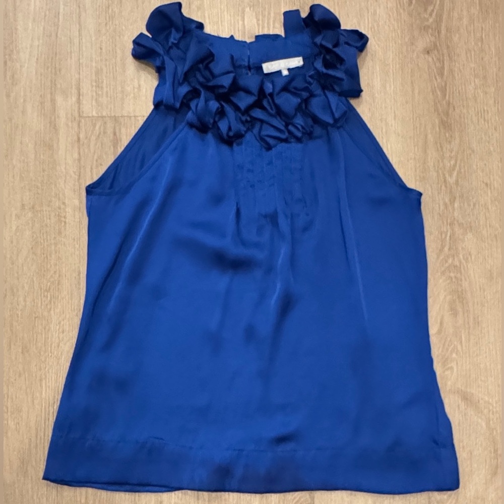 Violet & Claire Vibrant Blue Ruffle Sleeveless Silky Blouse